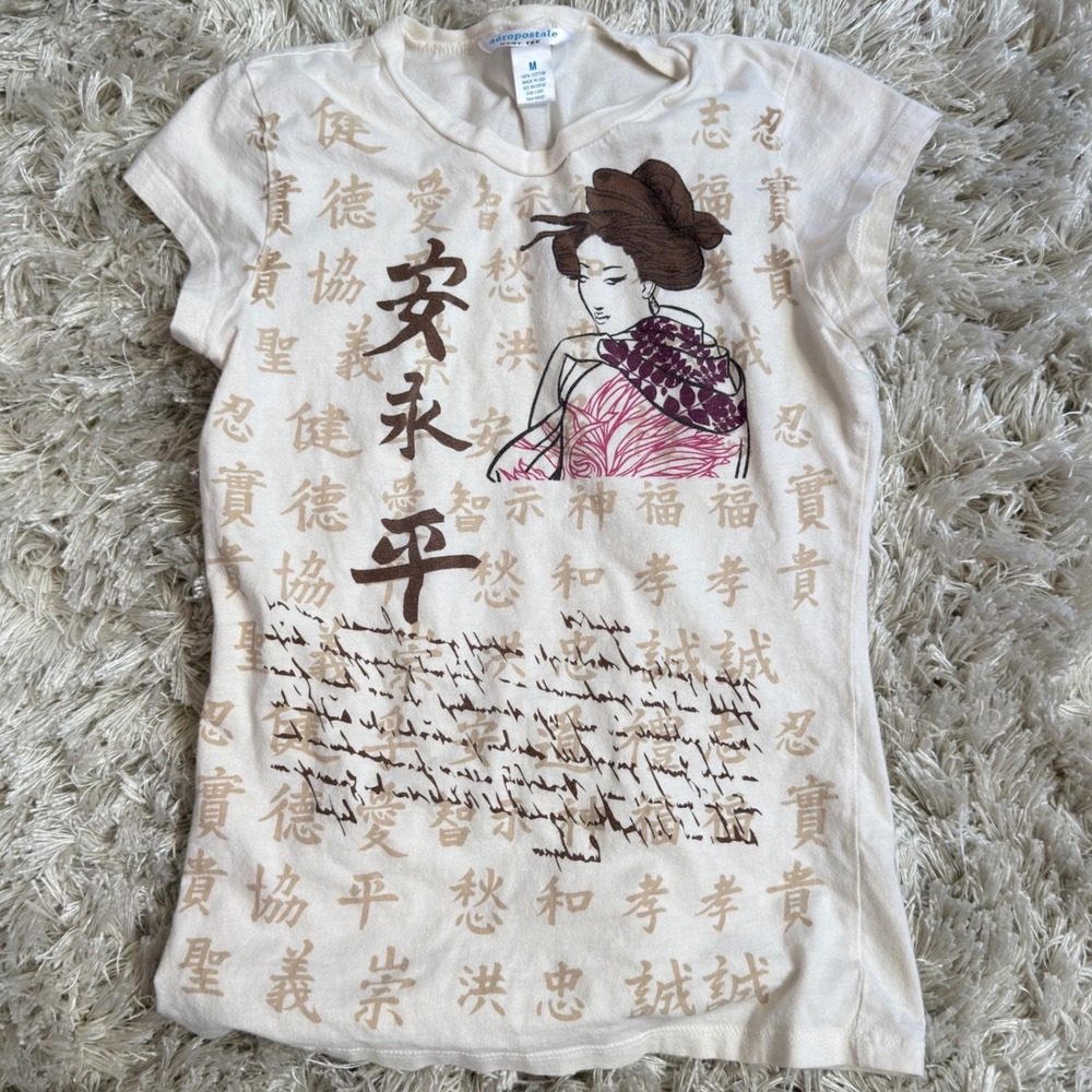 Aeropostale Baby Tee Womens M Cream Geisha Graphic Fitted Cotton Shirt Made USA